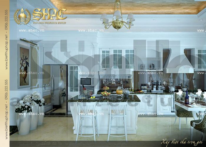 Sự tinh tế trong thiết kế của mẫu nội thất phòng bếp biệt thự bán cổ điển tại Hà Nội 