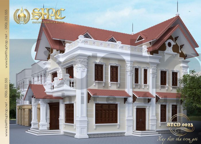 Phương án thiết kế kiến trúc biệt thự bán cổ điển pháp 2 tầng công năng khoa học 