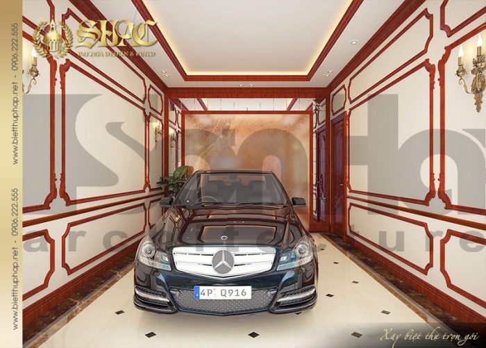 Khu vực gara của ngôi biệt thự được thiết kế rộng rãi 