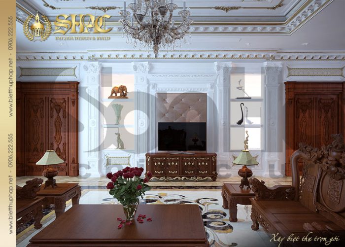Căn phòng khách biệt thự cổ điển với nội thất gỗ thiết kế tinh xảo 