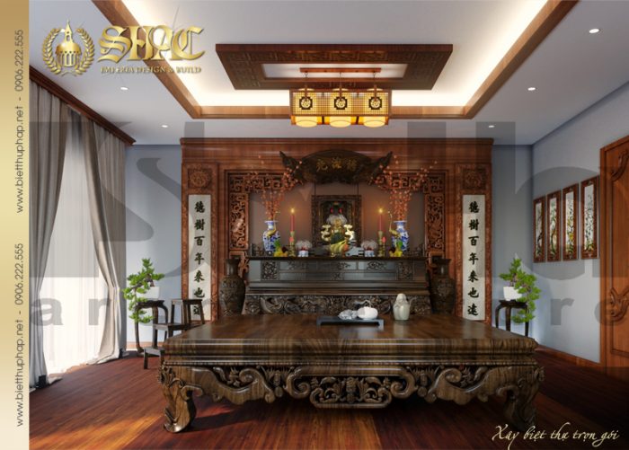 Phương án bố trí nội thất phòng thờ biệt thự tân cổ điển 3 tầng tại Hà Nội