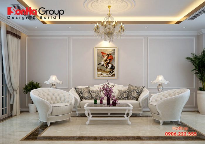Mẫu nội thất phòng khách thiết kế đẹp màu sắc hài hòa dành riêng cho biệt thự tân cổ điển 